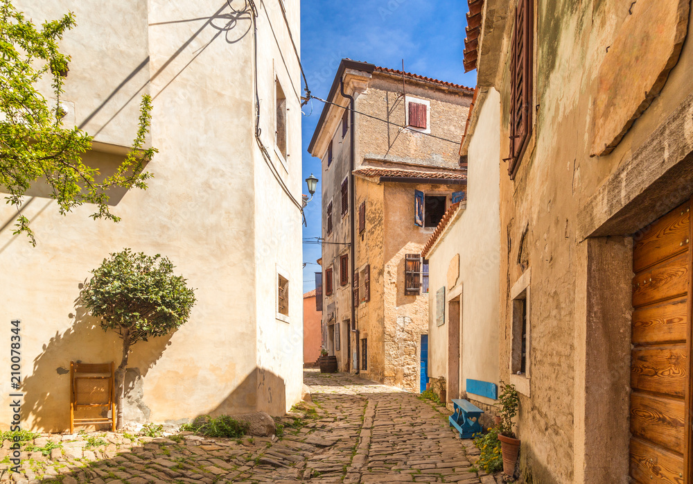 Ancient colorful houses on a stone street in Groznjan village, Istria, Croatia, Europe.