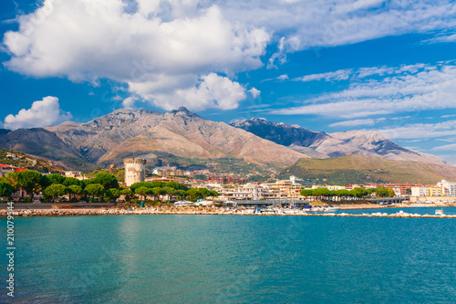 Panoramic sea landscape with Formia, Lazio, Italy. Scenic resort town village with nice sand beach and clear blue water. Famous tourist destination in Riviera de Ulisse
