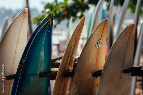Photography Set of different color surf boards in a stack by ocean