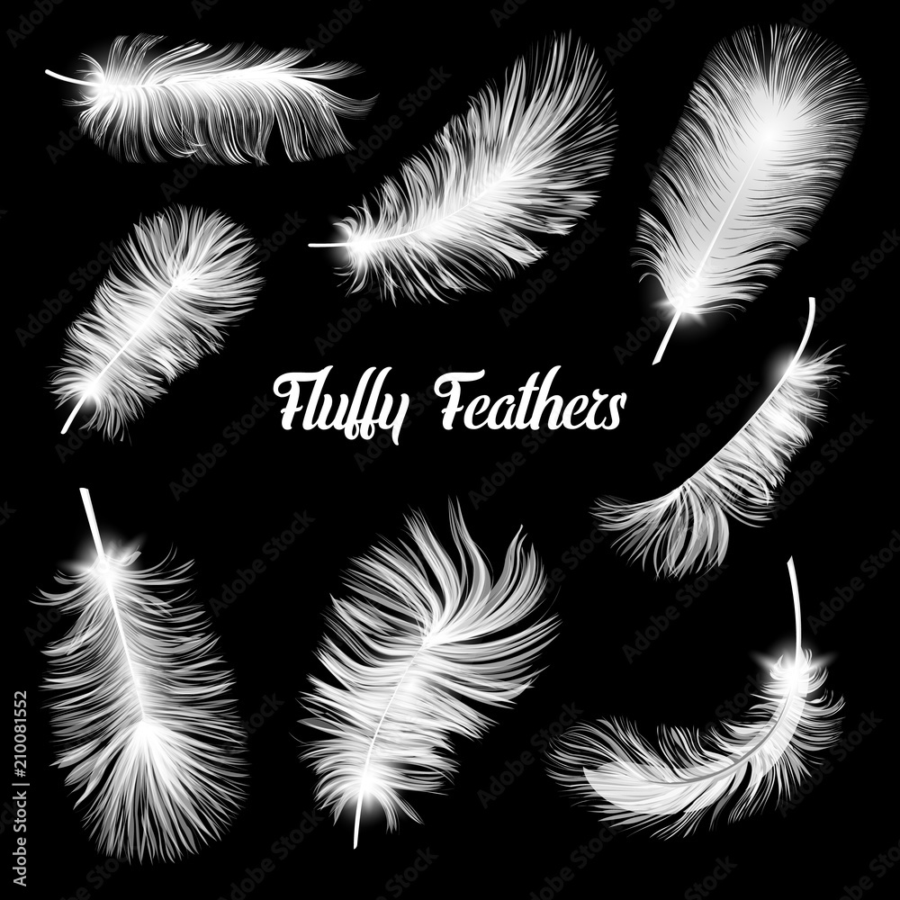 Obraz premium Realistic Fluffy feathers. Falling twirled plumage of white bird on blue background for banners, flyers, web, poster, card. down pillow for sleeping. use for down pillow for sleeping