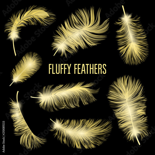 Realistic Fluffy feathers. Falling twirled plumage of white bird on blue background for banners, flyers, web, poster, card. down pillow for sleeping. use for down pillow for sleeping