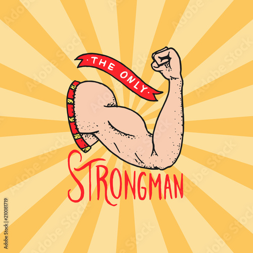 Circus Bodybuilder badge. muscle flex arm. Vintage carnival logo or emblem. Strong macho Label for the festival banner. show and gym. Retro biceps. engraved hand drawn sketch.