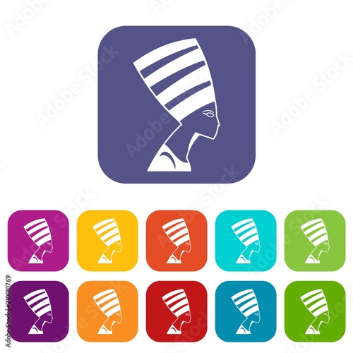 The head of the Egyptian queen icons set vector illustration in flat style In colors red, blue, green and other