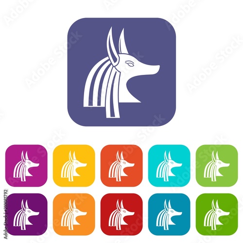 Ancient egyptian god Anubis icons set vector illustration in flat style In colors red, blue, green and other
