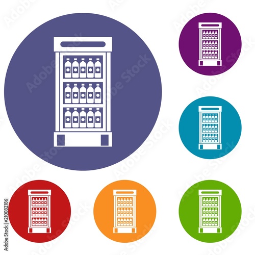 Fridge with refreshments drinks icons set in flat circle reb, blue and green color for web