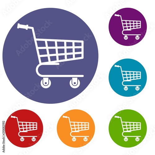 Shopping cart icons set in flat circle reb, blue and green color for web