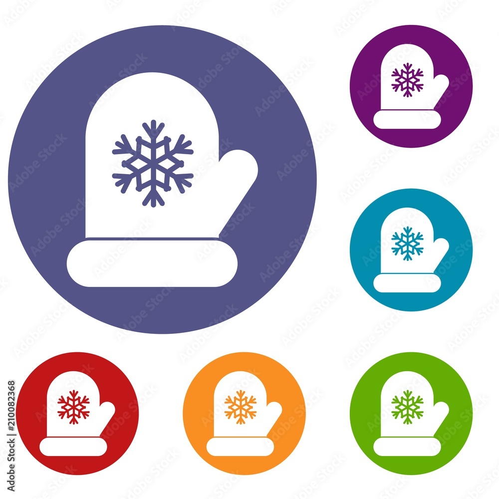 Mitten with white snowflake icons set in flat circle reb, blue and green color for web