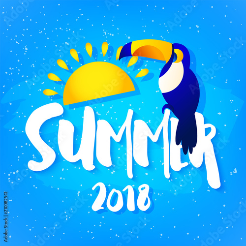 Summer bright card with toucan, sun and text on blue background. Flat design. Vector tropical banner.