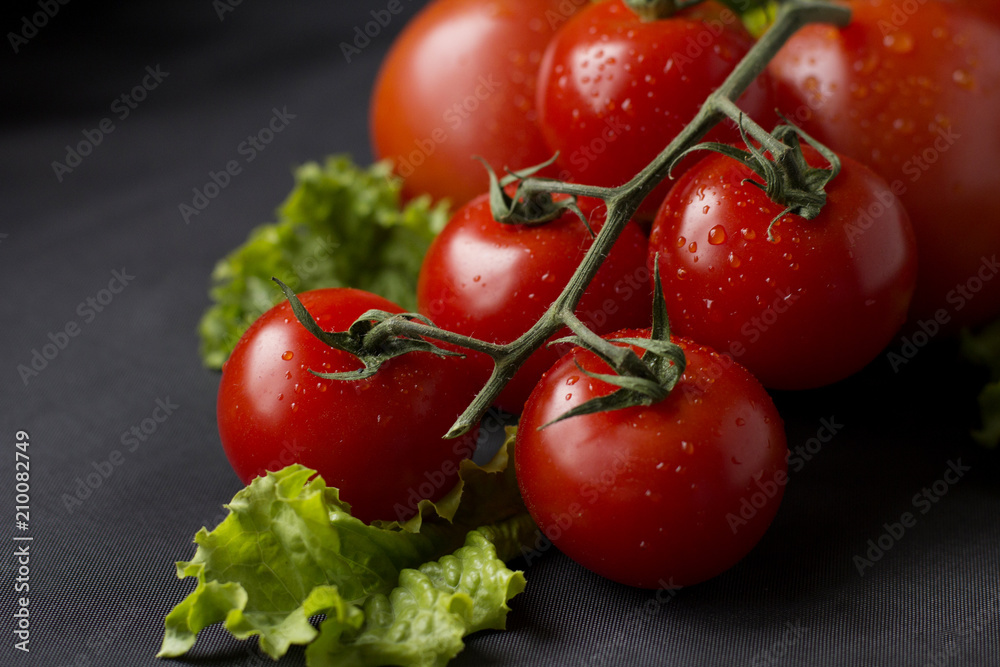 Fresh vegetables on a black background. Fresh tomatoes with greens on a black background Fresh vegetables on a black background. Fresh tomatoes with greens on a black background