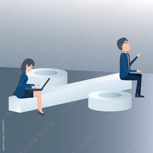 cartoon businessman and businesswoman sitting on a percentage symbol over gray background, colorful design. vector illustraiton