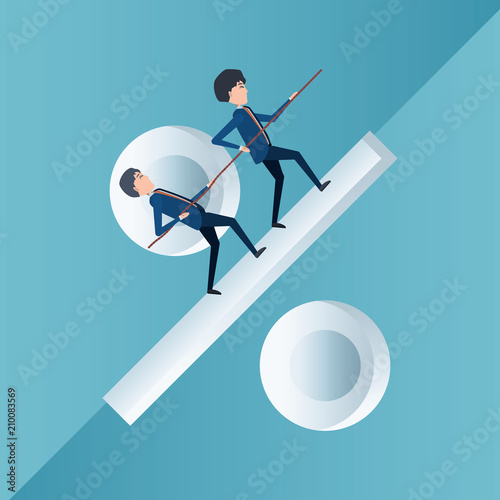 cartoon businessmen climbing a percentage symbol over blue background, colorful design. vector illustraiton