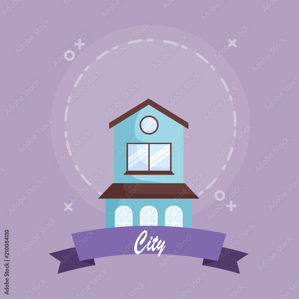 city emblem with house icon over purple background, colorful design. vector illustration