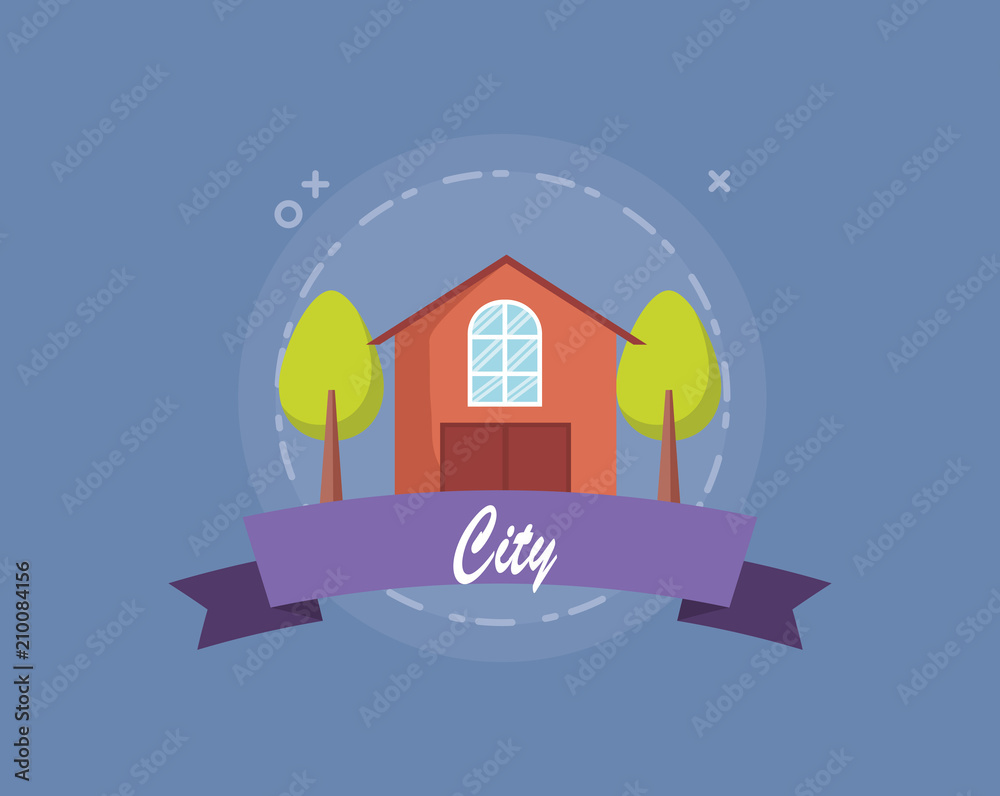 city emblem with trees and house icon over purple background, colorful design. vector illustration