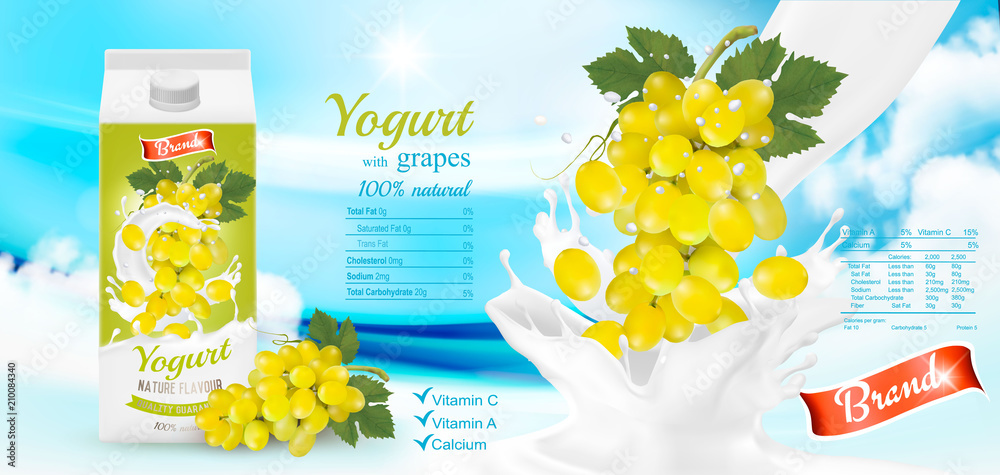 Obraz premium White yogurt with fresh grapes in box. Advertisment design template. Vector