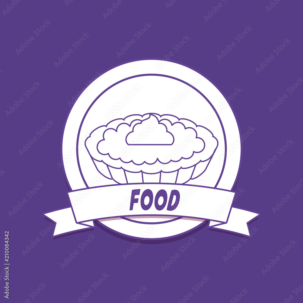 emblem of food concept with decorative ribbon and sweet pie icon over purple background, colorful line design. vector illustration emblem of food concept with decorative ribbon and sweet pie icon over purple background, colorful line design. vector illustration