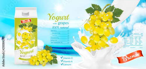 White yogurt with fresh grapes in box. Advertisment design template. Vector