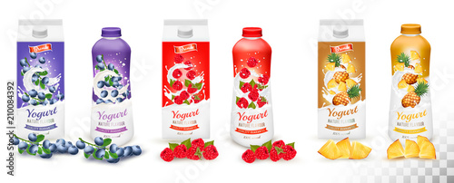 Set of yogurt in bottles  and boxes with fruit and berries. Blueberry, raspberry and pineapple. Design template. Vector