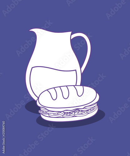 lemonade pitcher and sandiwch over blue background, colorful design. vector illustration