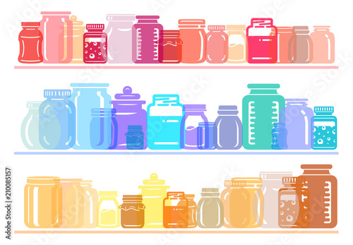 Jar glass for jam or honey. Colorfull set on kitchen shelf in flat style..