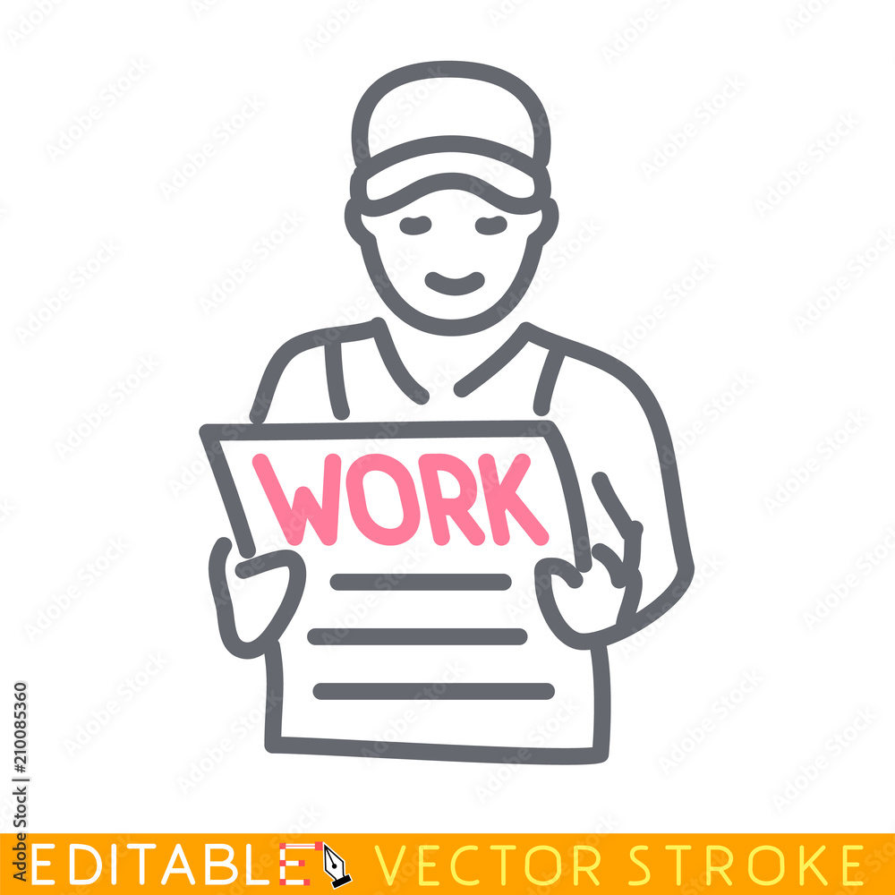 Labor person reading work newspaper. Editable stroke sketch icon. Stock vector illustration.