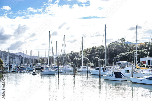 yachts in a harbour, sea port town, pier with lots of sail ships photo