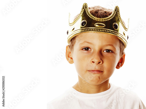 little cute boy wearing crown isolated close up on white