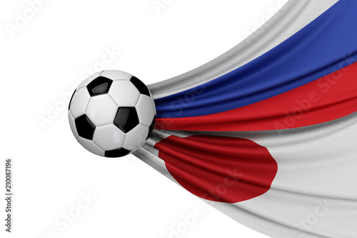 Russia and Japan flag with a soccer ball. 3D Rendering