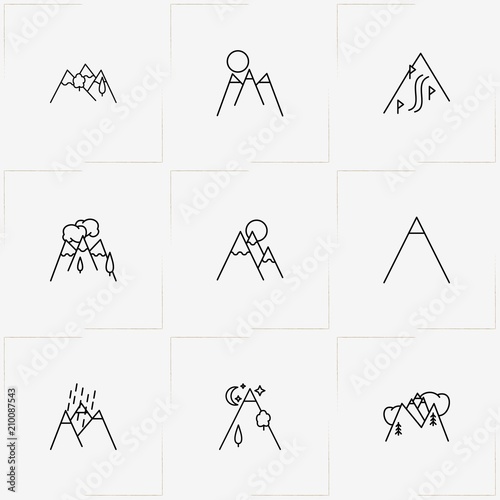 Mountains line icon set with mountain descent and mountains