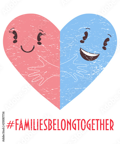 Family belong together trendy vector illustration: two halves of Heart symbol as metaphor of family unity. Stop separating families poster or banner. Hashtag Families belong together.