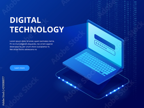 Isometric Tech devices connected, big data processing, energy station of future, server room rack, data center concept vector illustration. Global network and data exchanges.