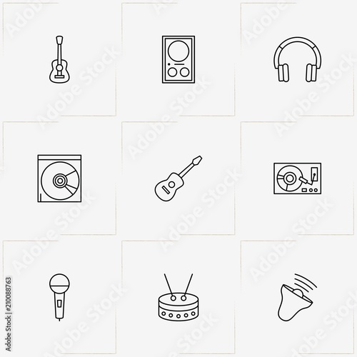 Music line icon set with loudspeaker, headphone and vinil player