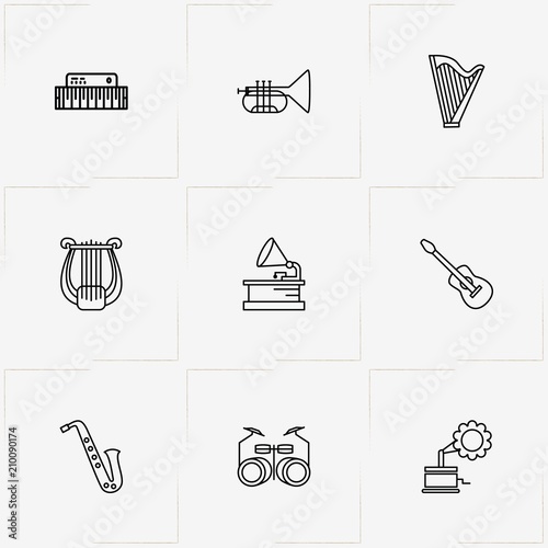 Musical Instruments line icon set with drum, synthesizer and guitar