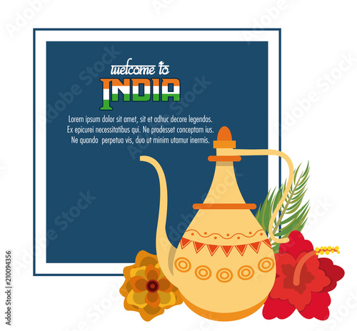 Welcome to india card with flowers and antique jar vector illustration graphic design