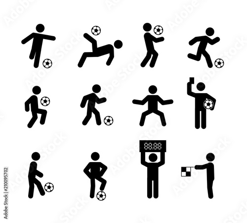 Football Soccer Player Actions Poses Stick Figure Icon Symbol Sign, Vector illustration