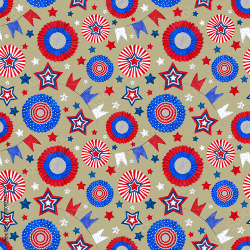 4th of July Seamless Pattern with Tricolor Cockades and Stars on Tan Background.  Seamless Pattern for Patriotic Cockades and Stars for Print, Background, and Textile.