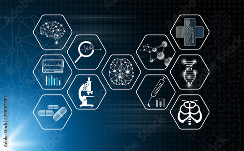 abstract background technology concept and icon in blue light,human body heal,technology modern medical science in future and global international medical with tests analysis clone DNA human