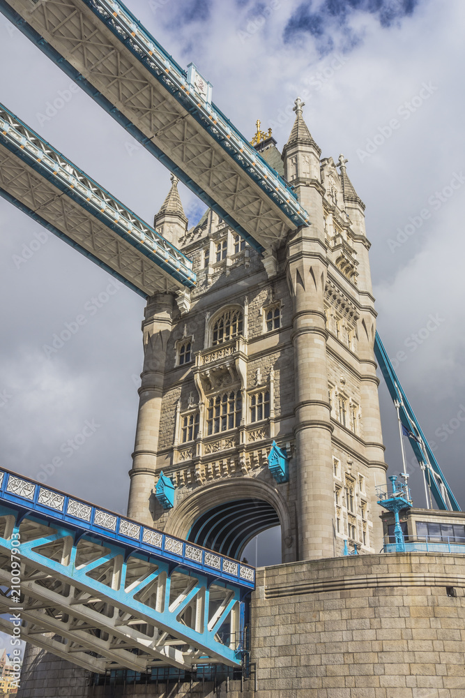 View of one of the towers of the London Bridge, England