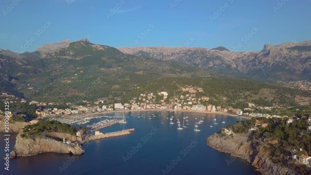 Port de Soller aerial view, Majorca. Mediterranean sea. Port de Soller aerial view, Majorca. Mediterranean sea.