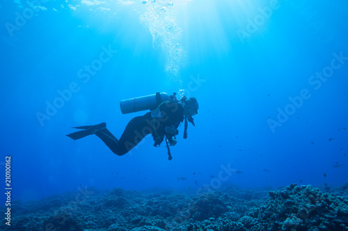 Scuba diver woman in blue tropical water