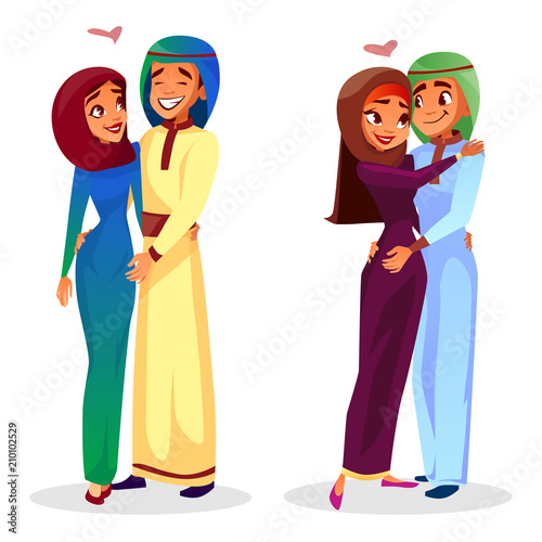 Vector cartoon arab couples hugging expressing love, togetherness set. Happy muslim men, khaliji women in hijab standing together smiling. Husbands and wifes in national costumes dating.