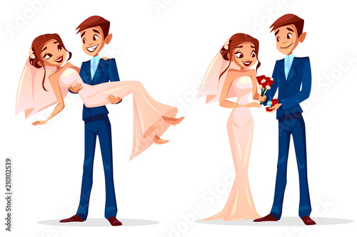 Couple wedding vector illustration of man and woman just married for greeting card design template. Happy bridegroom with diamond ring, holding bride on hands in wedding dress with red roses flowers