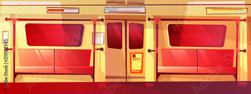 Subway train inside seamless vector illustration of empty metro with seats, windows and exit doors. Cartoon design of underground public transport for parallax or computer games background pattern