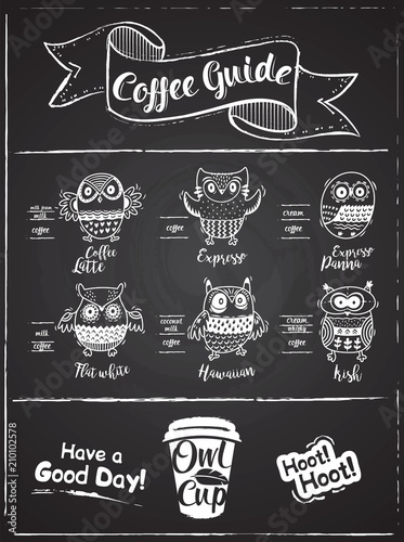 Coffee menu design. The coffee drinks infographics, owls set characters on chalkboard background.