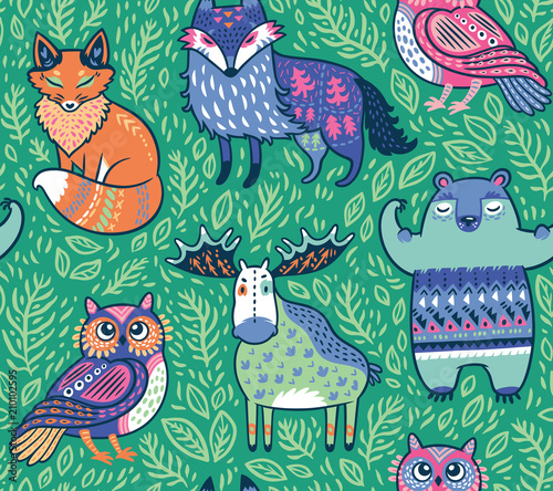 Tribal forest animals in green. Vector illustration