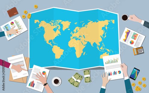the worlds economy country growth nation team discuss with fold maps view from top