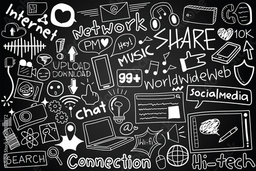 Social media and technology network doodle icon in chalkboard style with typography on black background vector illustration