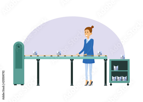 Manufacturing factory, girl, next to conveyor belt, sorts metal products.