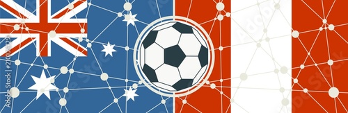 Flags of countries participating to the football tournament. Australia and Peru national flags. Soccer ball in the center. Connected lines with dots