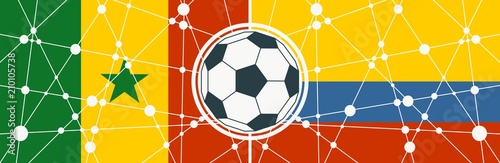 Flags of countries participating to the football tournament. Colombia and Senegal national flags. Soccer ball in the center. Connected lines with dots