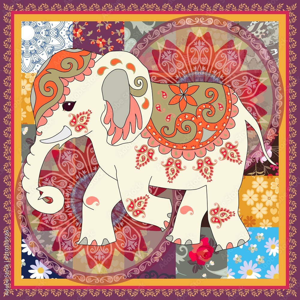 Fototapeta premium Vintage square card with cute cartoon indian elephant, flower mandala and paisley in patchwork style. Napkin, cushion, print for bag. Ethnic motives. Vector summer design.
